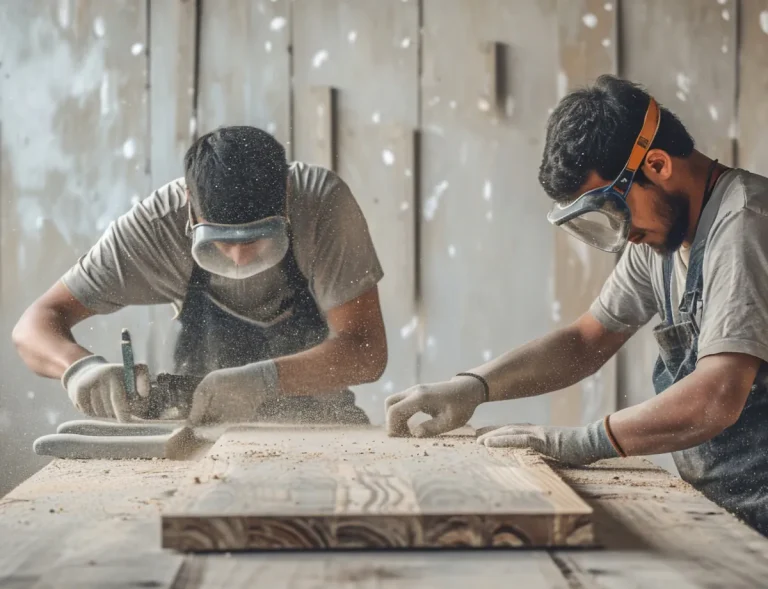 Two woodworkers wearing safety goggles and gloves plane a wooden board on a workbench, dust rising between them.