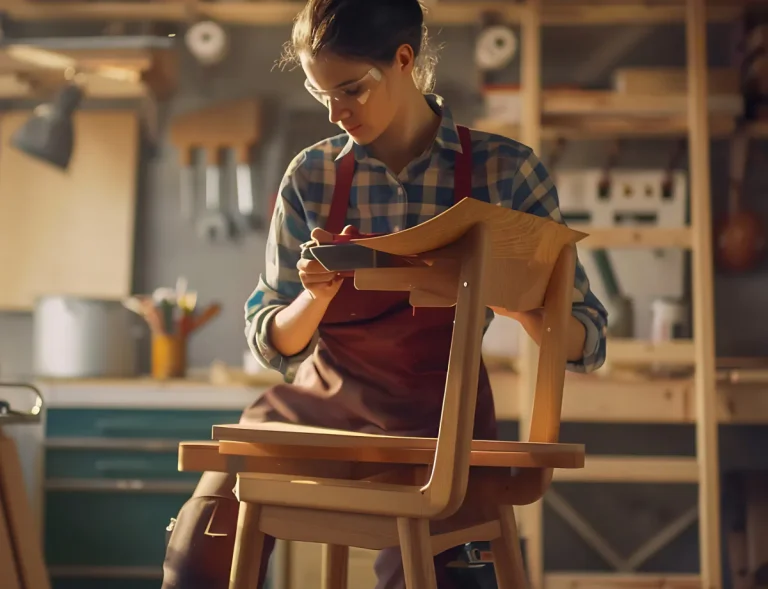 Craftsperson in a woodworking shop wearing safety glasses and a red apron, examining a wooden chair frame.