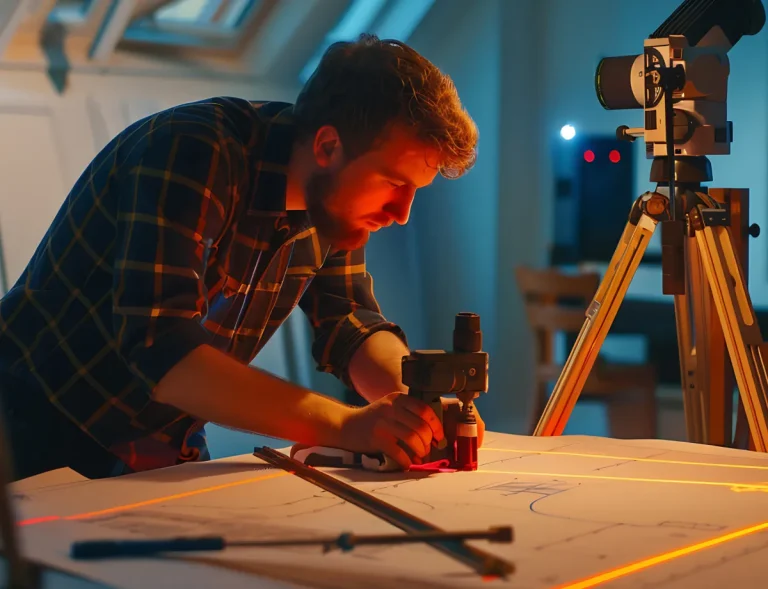 Man in a plaid shirt uses a laser measuring tool on a large blueprint-lit drafting table with a tripod-mounted device nearby.
