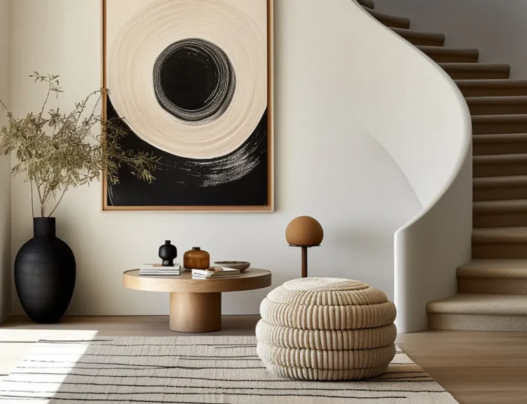 Modern living room with a large black-and-white abstract circle artwork, curved white staircase, and woven pouf near a round wooden table.