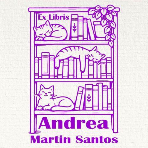 Sello Ex Libris estantería con gatos
